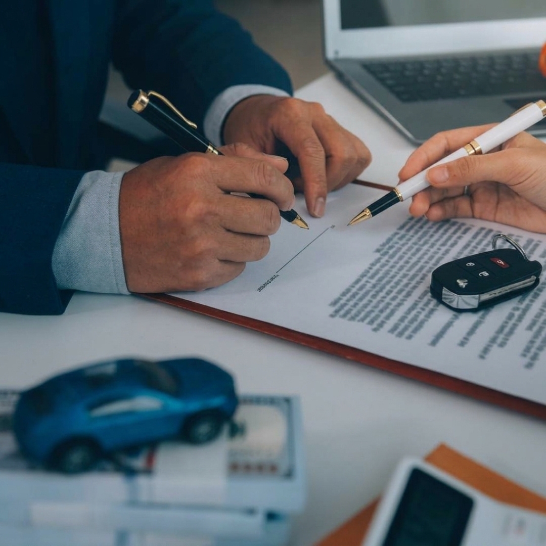 Agent and customer signing an auto insurance policy